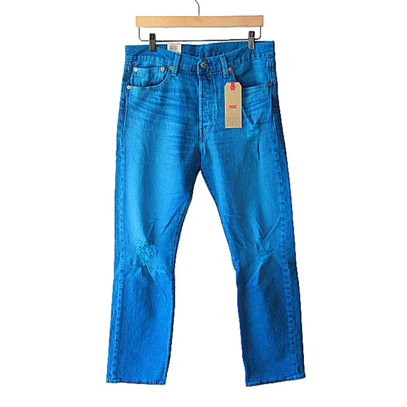 𝅺levis 501 Blue Dyed Distressed Denim Button Fly Straight Leg Jeans 33 x 32
